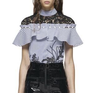 Self-Portrait Stripe Frill Blouse with Contrast Floral Guipure Lace Navy/Black 4